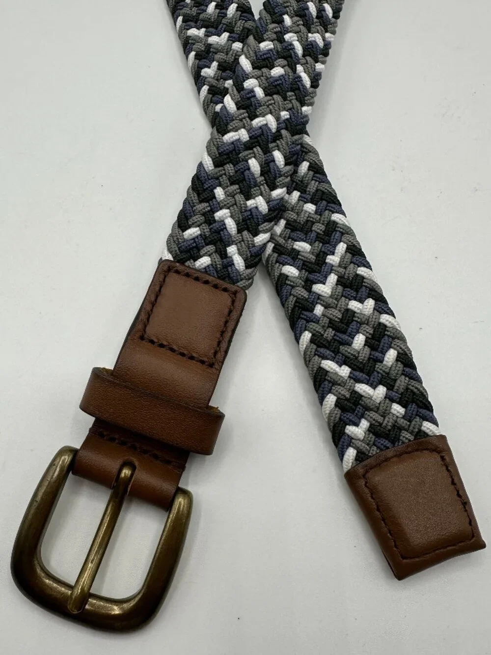 Janie and Jack Boys' Woven Belt Gray, Blue, and White Leather Tips Size 6-8